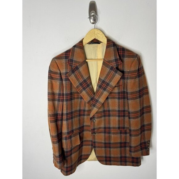 Vintage Country Squire Plaid Wool Sport Coat Men 40 Brown Orange Check 70s - Picture 1 of 8